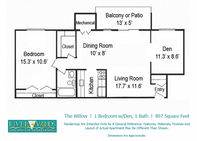 Floor plan for 1 bed, 1 bath, 897 sqft